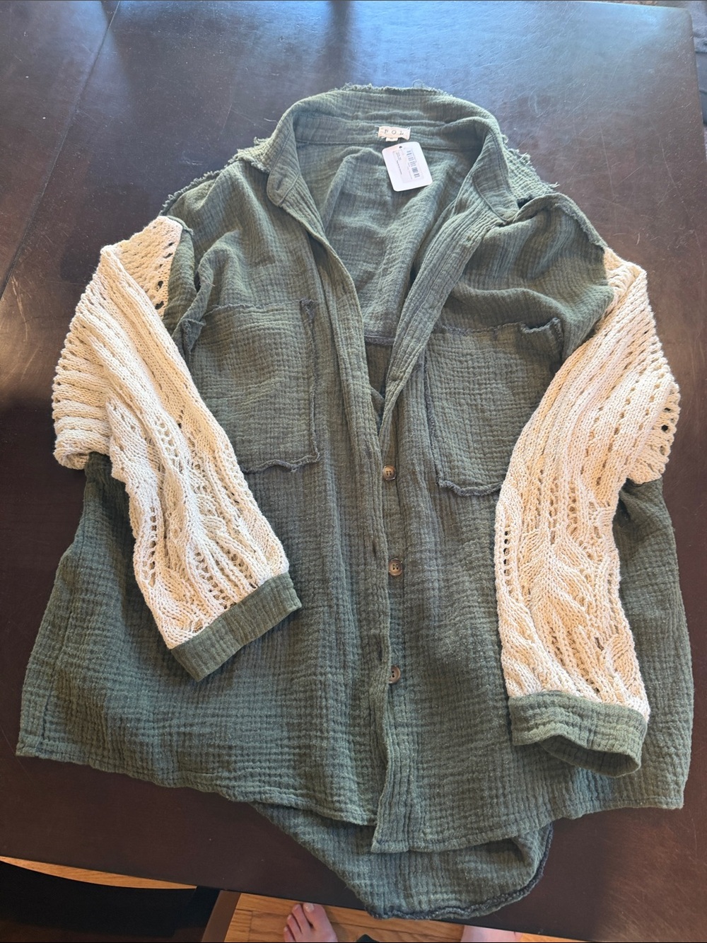 Reap the Sew Boutique olive  Green Button-Up Shirt with Cream Crochet Sleeves